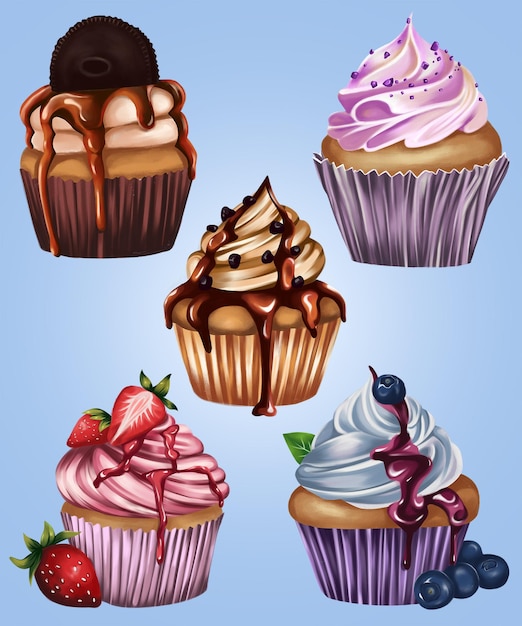 Set of sweet cupcake in different flavour