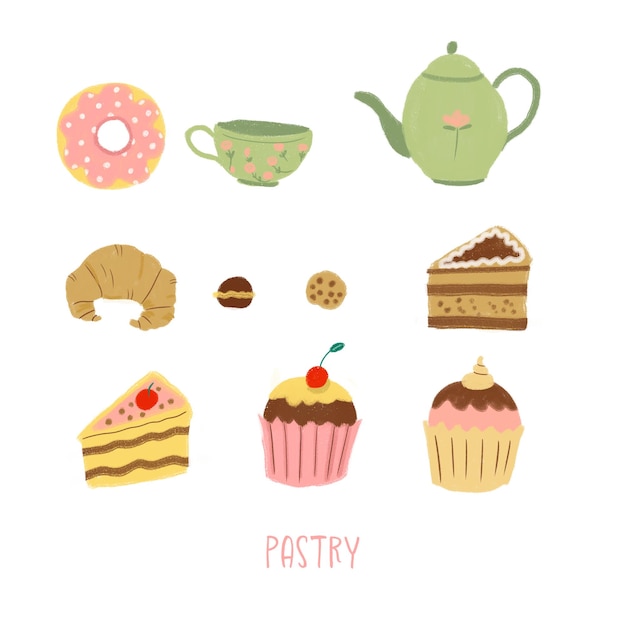 set of sweets hand painted objects isolated on white background candy cupcakes chocolate cookie