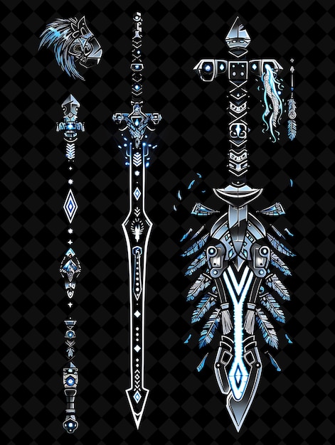 PSD a set of swords and a dragon on a black background