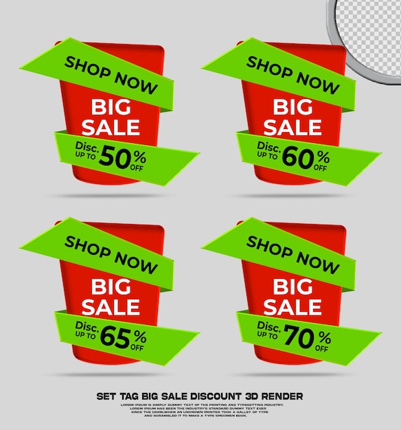 PSD set tag of big sale discount promotion red and green color colection