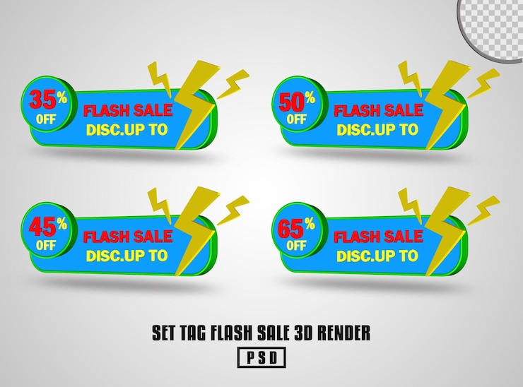 PSD set tag flash sale discount promotion 3d render