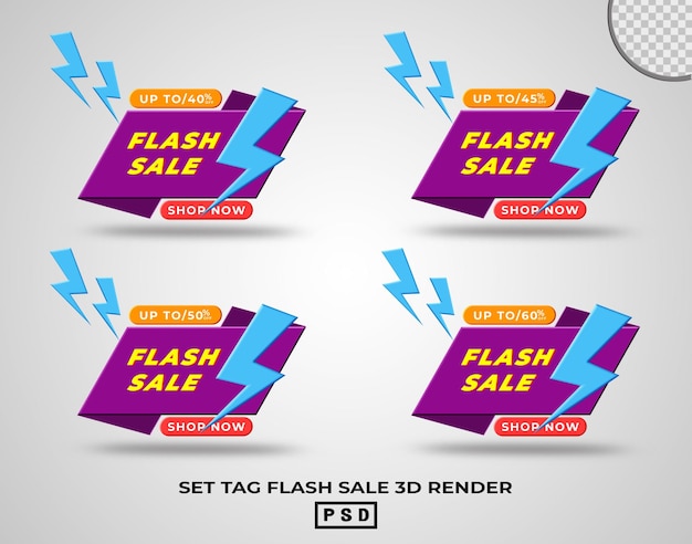 PSD set tag flash verkoop korting promotie paarse kleur 3d renderen