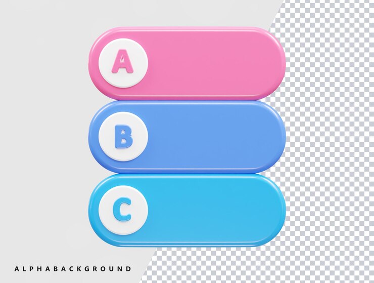 PSD a set of three blue and pink buttons with the text " a, b, c ".