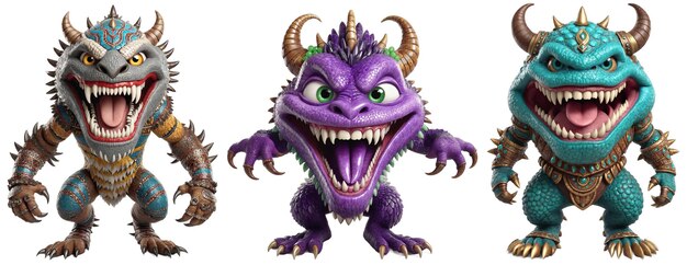 A set of three cartoon fierce monsters with large fangs big horns and open mouths standing and ready to pounce isolated on transparent background