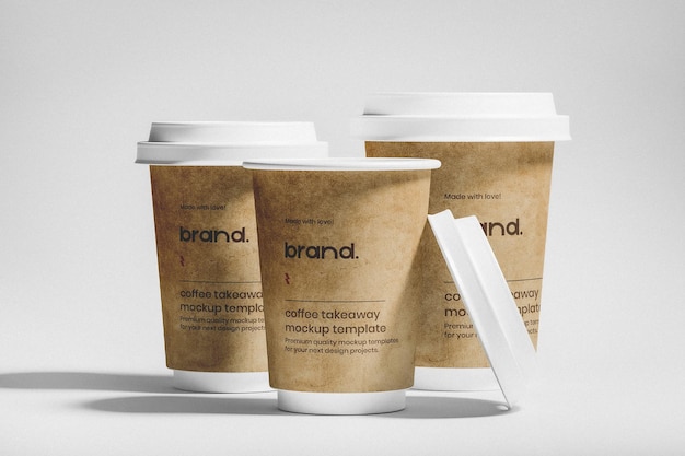 PSD mockup di un set di tre tazze da caffè da asporto