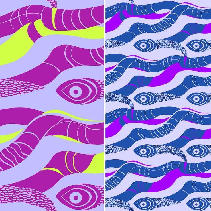 PSD a set of three different colored patterns with purple and green lines