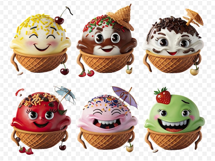 PSD a set of three different ice cream cones with faces and faces