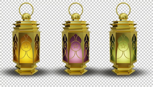 PSD a set of three lanterns with the word ramadan on them.