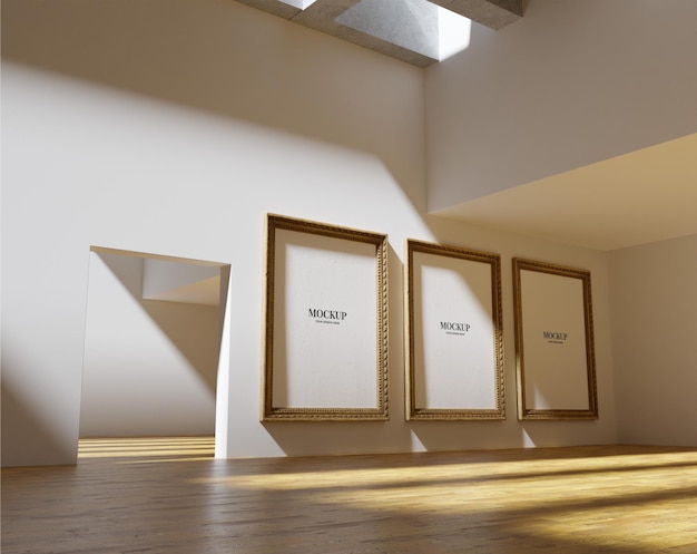 PSD set di tre poster a telaio in legno illuminati dalla luce solare nell'interno minimalista