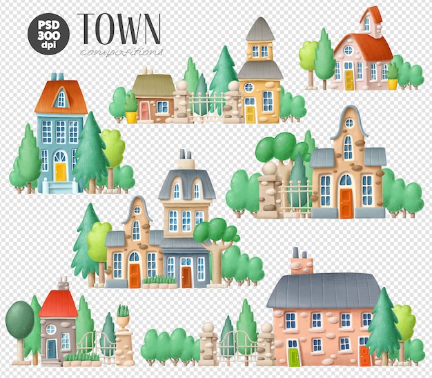 PSD set of town illustrations