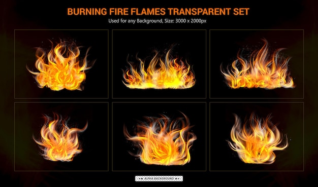 Set of translucent burning campfires of flames and Fire flames on black background