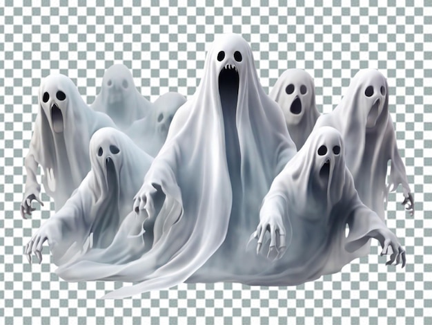 Set of translucent ghosts happy sad or angry smiling phantom silhouettes png