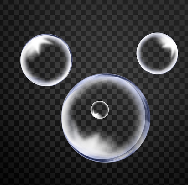 a set of transparent bubbles with the words bubbles on a black background