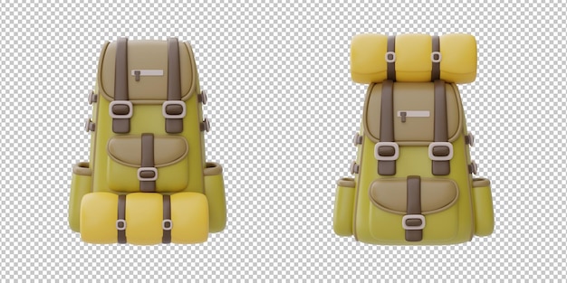 Set of travel backpacks isolated Camping equipment Summer camp concept holiday vacation 3d rendering