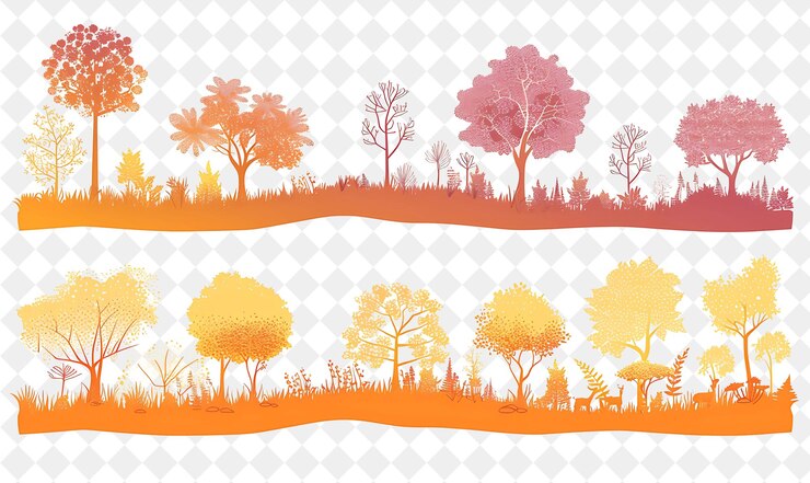 PSD a set of trees with the seasons of autumn