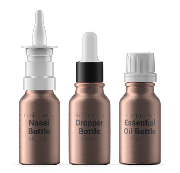 Set van 15 ml rose gold glazen flessen neusspray etherische olie en druppelflesje mockup