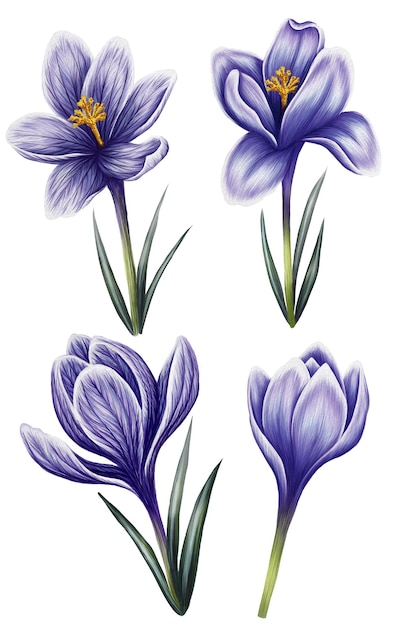 Set van 4 paarse krokusbloemen op een witte achtergrond Waterverf illustratie Bloemenarrangement