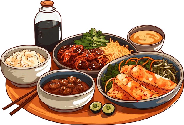 PSD set van aziatische traditionele gerechten illustratie