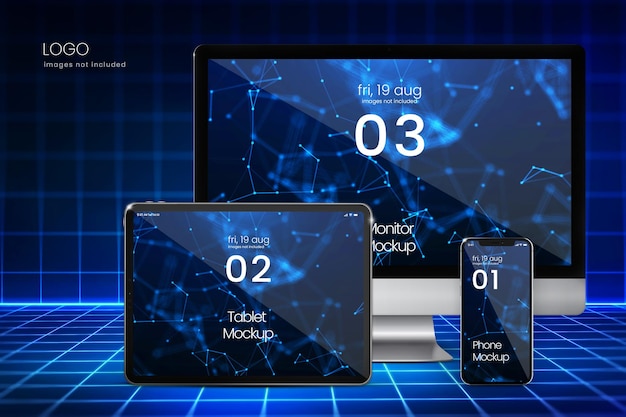 PSD set van digitaal apparaatschermmodel van smartphonetablet en computermonitor op neonachtergrond