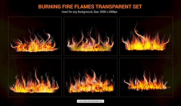 Set van doorschijnende brandende kampvuren van vlammen en vuur vlammen op zwarte achtergrond