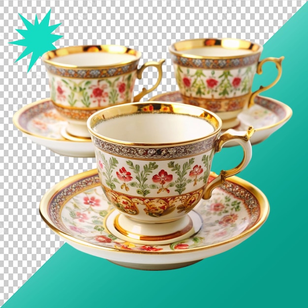 set van drie chique ouderwetse theekopjes of koffiekopjes op een doorzichtige achtergrond