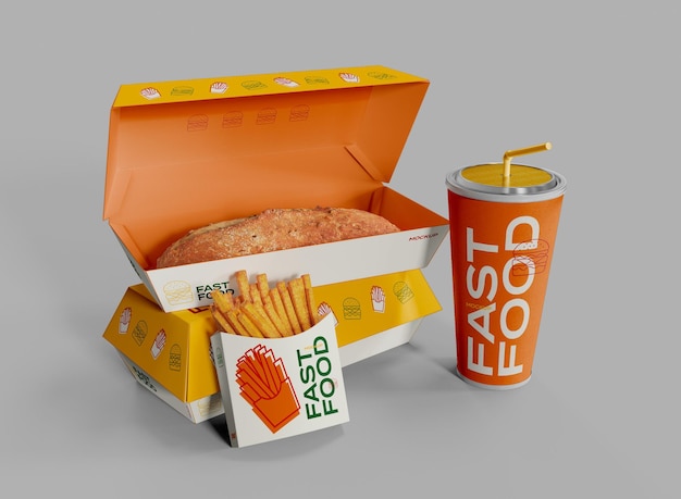 PSD set van fastfoodverpakkingsmodellen