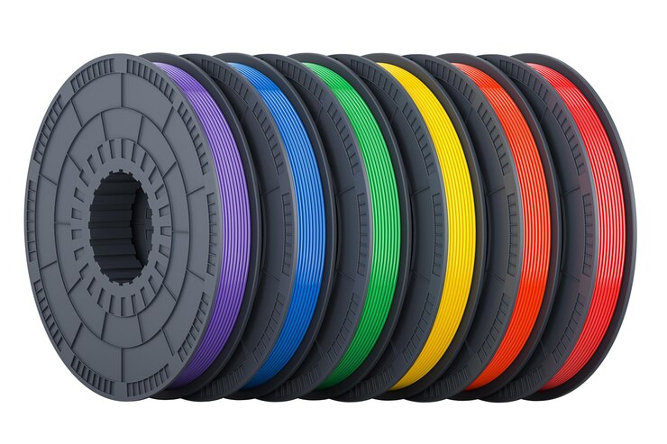 PSD set van gekleurde 3d-printerfilamenten 3d-illustratie geïsoleerd op transparante achtergrond
