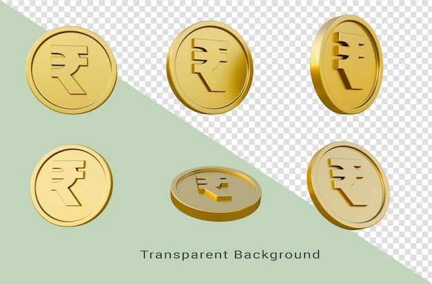 Set van gouden munten met Indiase roepie teken 3d illustratie minimale 3d render illustratie