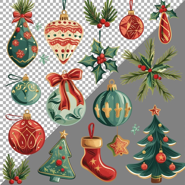 PSD set van kerstdecoratie attributen pictogrammen sticker doorzichtige achtergrond ai gegenereerd