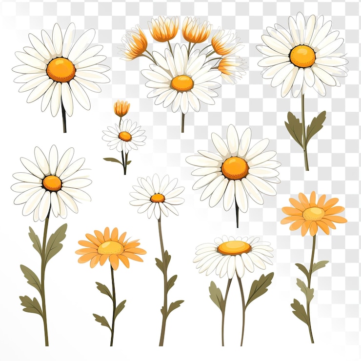 PSD set van minimaal gedetailleerde cartoon stijl daisys
