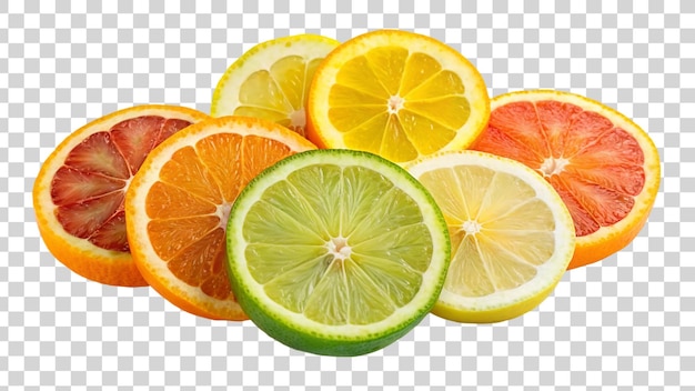 PSD set van plakjes sinaasappel, grapefruit, limoen en citroen geïsoleerd op een doorzichtige achtergrond