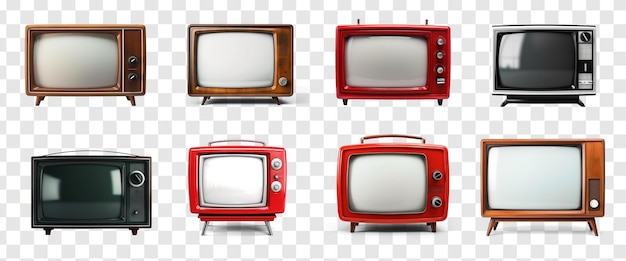 Set van retro houten tv-doos uitgeknipt met frame scherm uitgesneden op doorzichtigheid achtergrond PSD