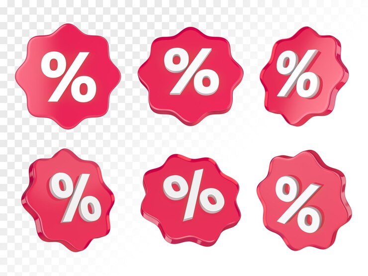 Set van rood glas procent pictogram op een witte geïsoleerde achtergrond 3d render illustratie