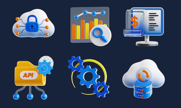 Set van SaaS 3D-iconen, inclusief Analytics Automation en meer