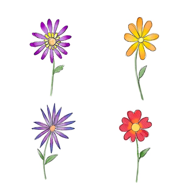Set van verschillende gekleurde bloemen gemaakt met aquareltechniek