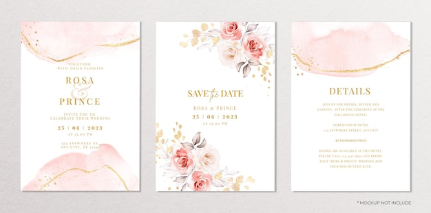 PSD set van waterverf bruiloft uitnodiging kaart sjabloon met roze bloemen en bladeren decoratie