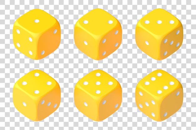 Set van zes gele dobbelstenen met witte stippen die in de helft van de beurt hangen en verschillende nummers tonen Lucky dice 3D