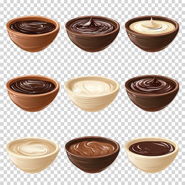 set of various melted chocolate bowls dark milk and white no white background