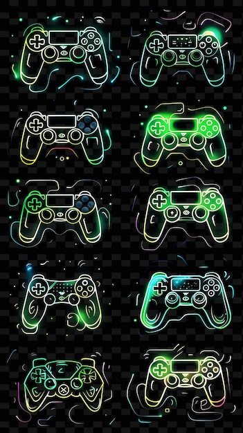 A set of video game controllers with green neon lights