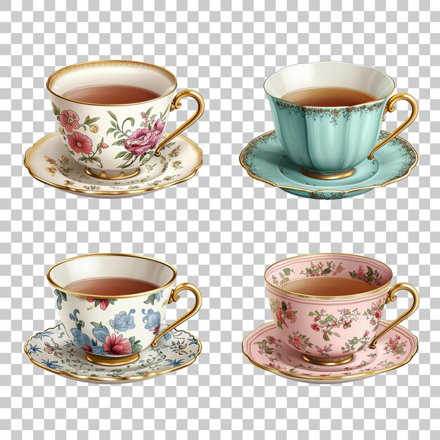 PSD set of vintage porcelain tea cups isolated on transparent background