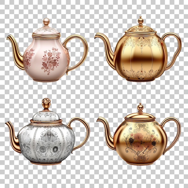 Set of vintage teapots isolated on transparent background