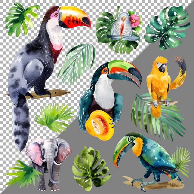 PSD set of watercolor animals and birds sticker style on transparent background ai generated