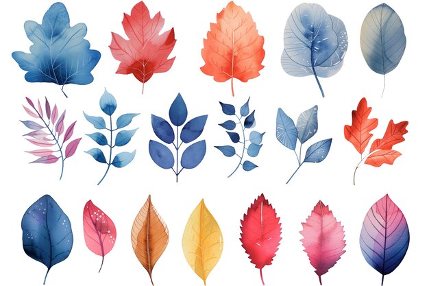 PSD set of watercolor blue and red leaves on transparent background ai