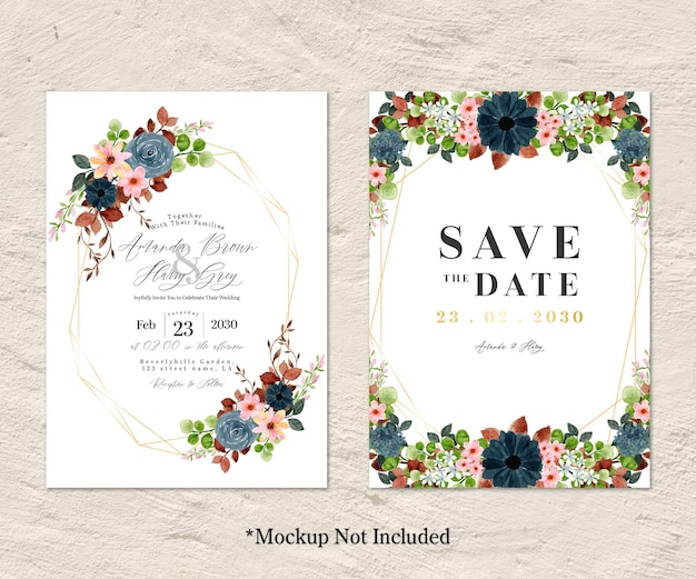 PSD set of watercolor floral wedding invitation