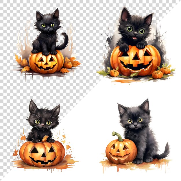 Set of watercolor halloween pumpkins with cute black kitten on transparency background