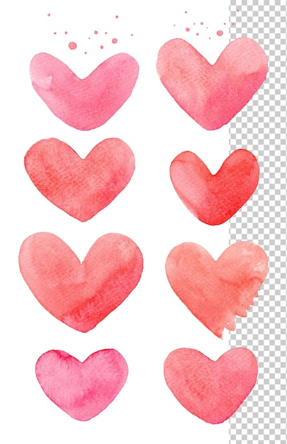 set of watercolor hand drawn red valentines hearts isolated on white background eight pieces
