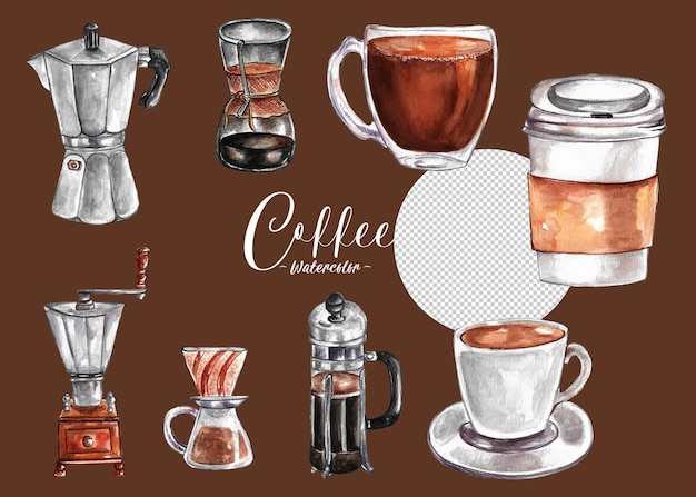 Set of watercolor painted brew coffee with coffee cup