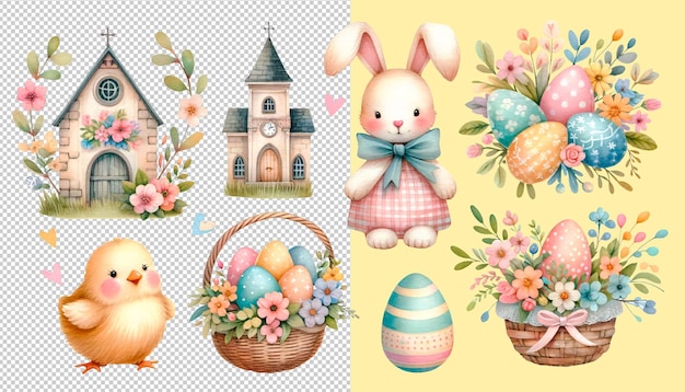 PSD set of watercolor png easter elements on a transparent background