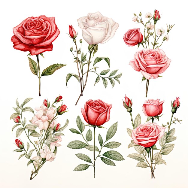 PSD set of watercolor rose flower clipart isolated on a transparent background