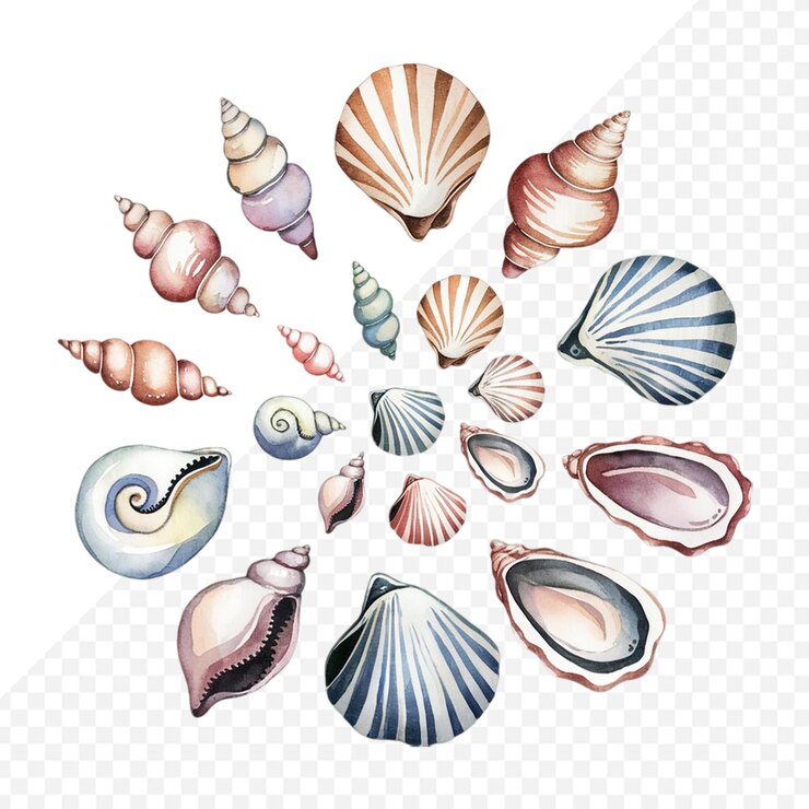 PSD set of watercolor seashells on isolated illustration transparent background